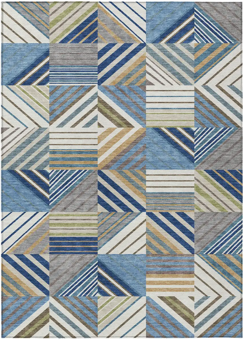 Denim Blue Ivory And Brown Patchwork Washable Indoor Outdoor Area Rug Photo 8