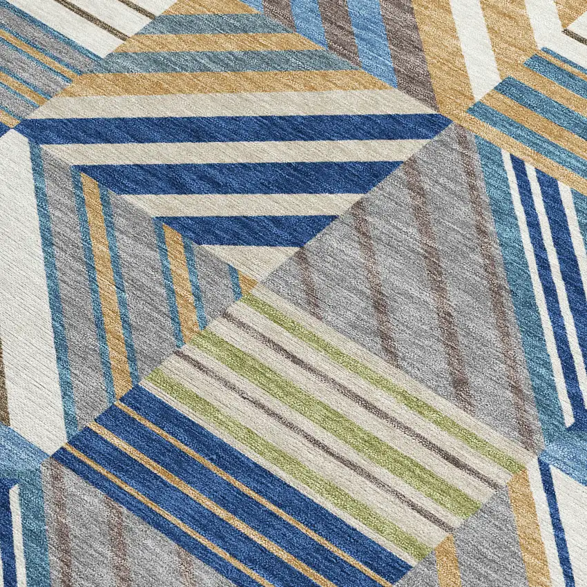 Denim Blue Ivory And Brown Patchwork Washable Indoor Outdoor Area Rug Photo 2