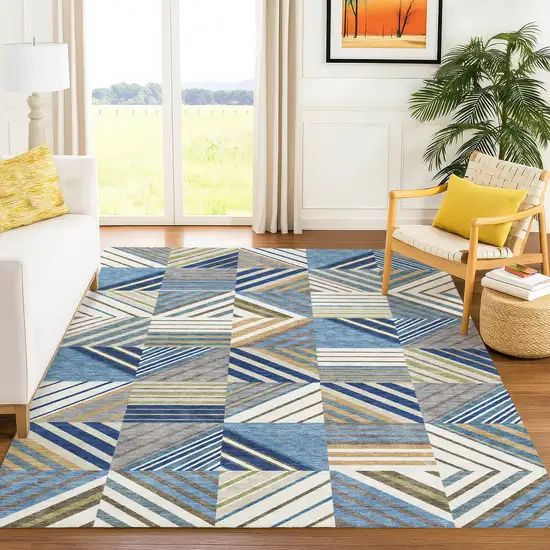 Denim Blue Ivory And Brown Patchwork Washable Indoor Outdoor Area Rug Photo 4