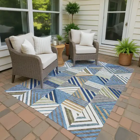 Denim Blue Ivory And Brown Patchwork Washable Indoor Outdoor Area Rug Photo 2