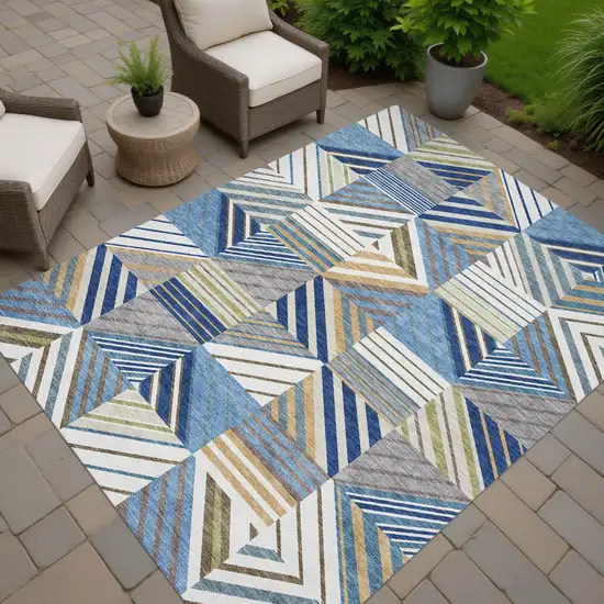 Denim Blue Ivory And Brown Patchwork Washable Indoor Outdoor Area Rug Photo 5
