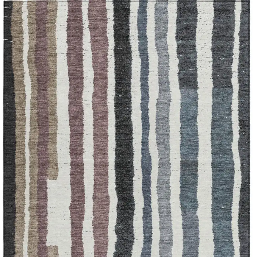 Denim Blue Ivory And Charcoal Striped Washable Indoor Outdoor Area Rug Photo 3