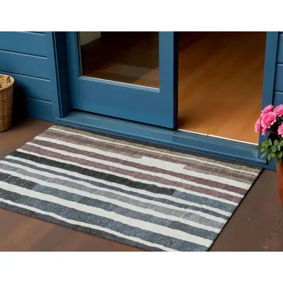 Denim Blue Ivory And Charcoal Striped Washable Indoor Outdoor Area Rug Photo 2