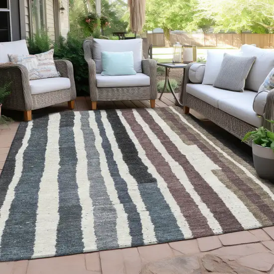 Denim Blue Ivory And Charcoal Striped Washable Indoor Outdoor Area Rug Photo 5