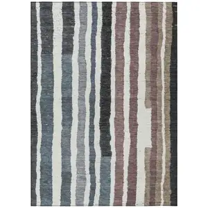 Photo of Denim Blue Ivory And Charcoal Striped Washable Indoor Outdoor Area Rug