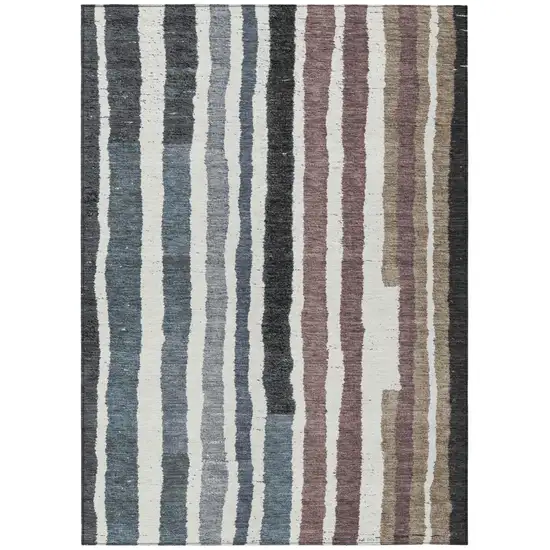 Denim Blue Ivory And Charcoal Striped Washable Indoor Outdoor Area Rug Photo 1