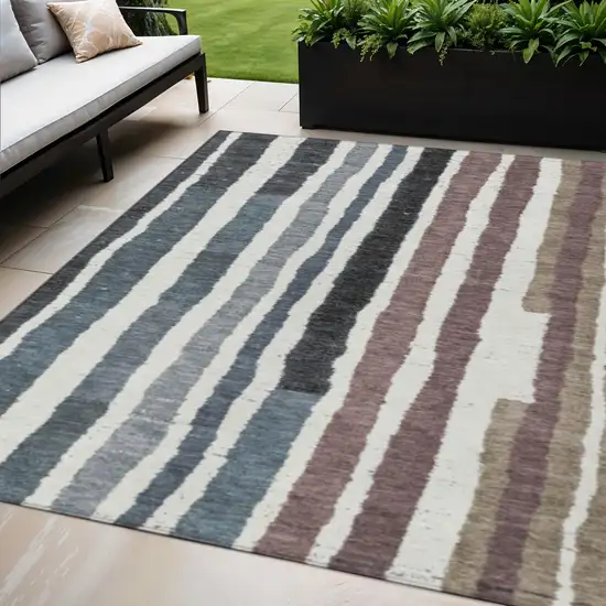 Denim Blue Ivory And Charcoal Striped Washable Indoor Outdoor Area Rug Photo 2