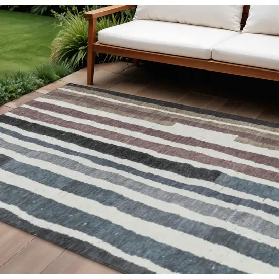 Denim Blue Ivory And Charcoal Striped Washable Indoor Outdoor Area Rug Photo 2