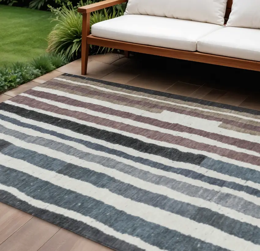 Denim Blue Ivory And Charcoal Striped Washable Indoor Outdoor Area Rug Photo 2