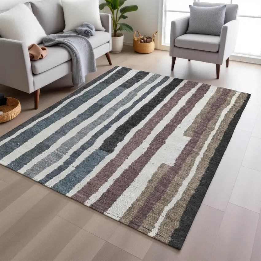 Denim Blue Ivory And Charcoal Striped Washable Indoor Outdoor Area Rug Photo 6