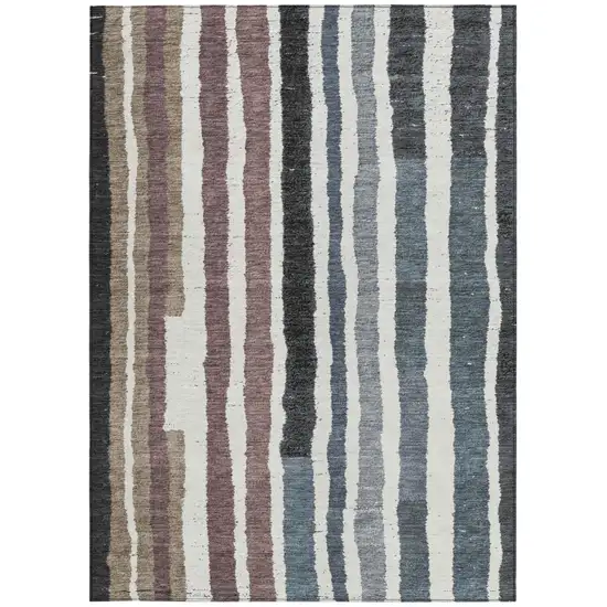 Denim Blue Ivory And Charcoal Striped Washable Indoor Outdoor Area Rug Photo 8