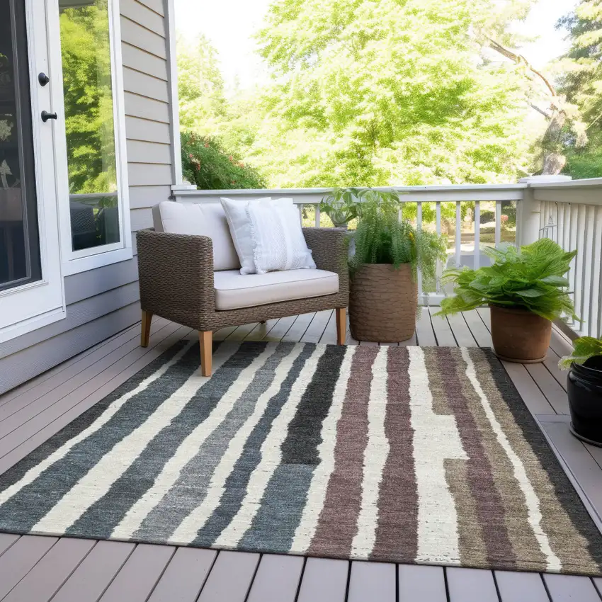 Denim Blue Ivory And Charcoal Striped Washable Indoor Outdoor Area Rug Photo 6