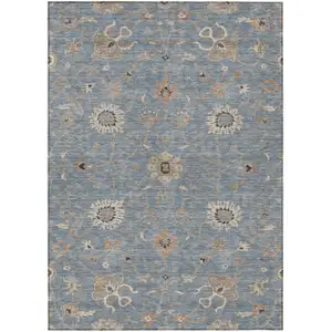 Photo of Denim Blue Ivory And Coral Floral Washable Indoor Outdoor Area Rug
