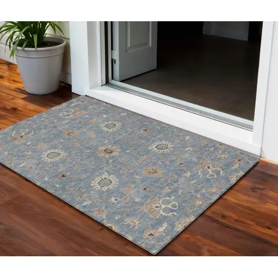 Denim Blue Ivory And Coral Floral Washable Indoor Outdoor Area Rug Photo 1