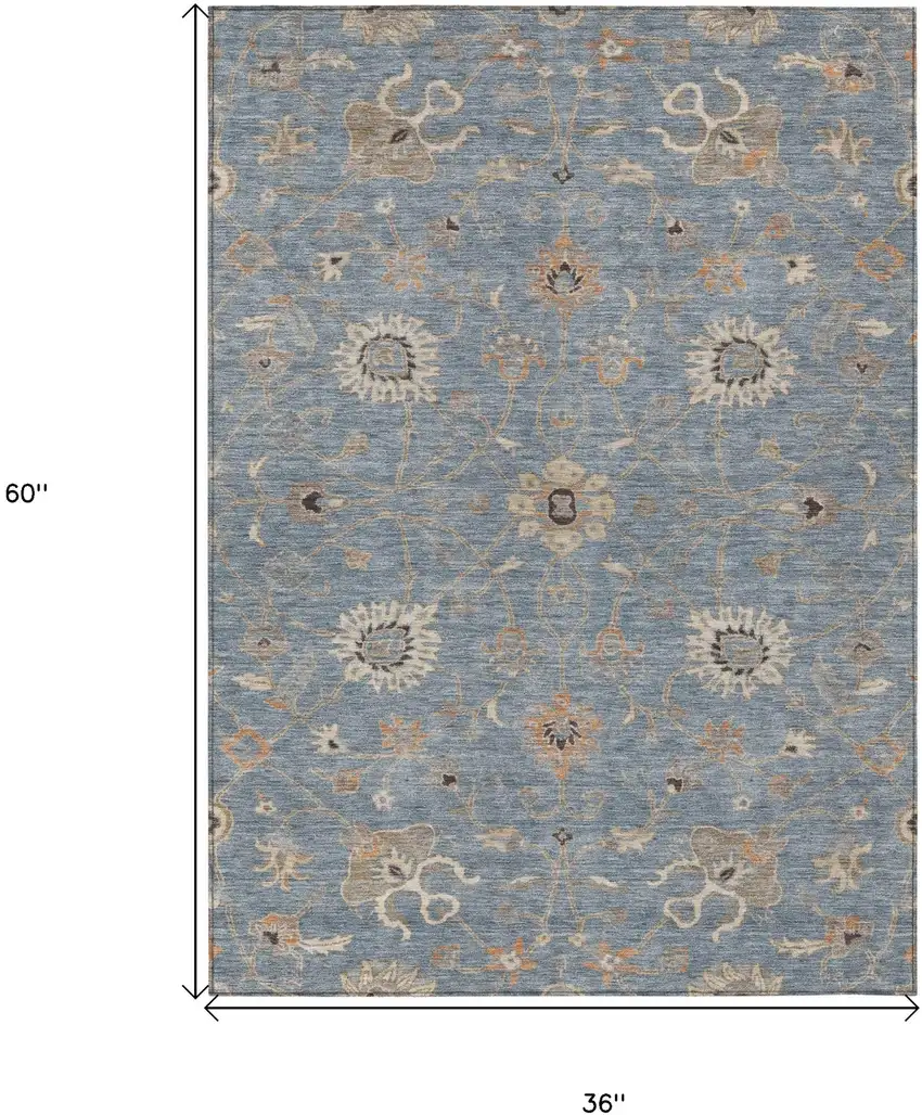 Denim Blue Ivory And Coral Floral Washable Indoor Outdoor Area Rug Photo 8