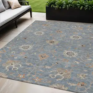 Photo of Denim Blue Ivory And Coral Floral Washable Indoor Outdoor Area Rug