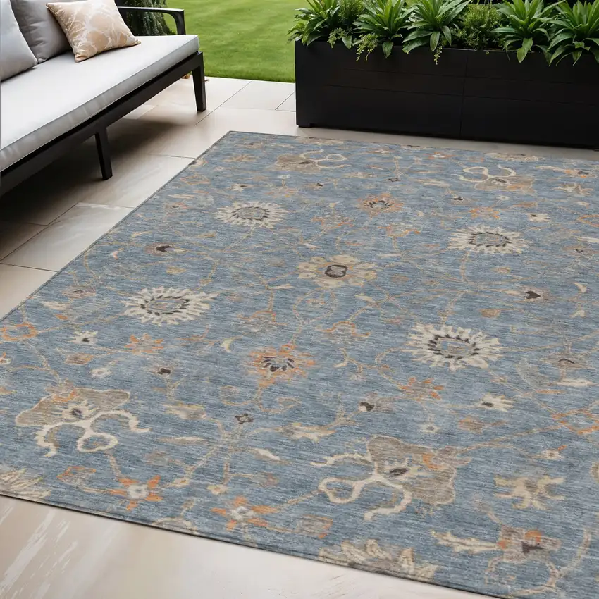 Denim Blue Ivory And Coral Floral Washable Indoor Outdoor Area Rug Photo 1