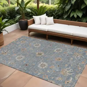 Photo of Denim Blue Ivory And Coral Floral Washable Indoor Outdoor Area Rug