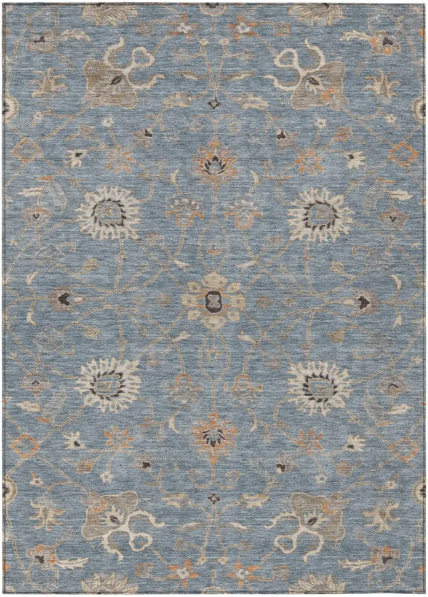 Denim Blue Ivory And Coral Floral Washable Indoor Outdoor Area Rug Photo 2