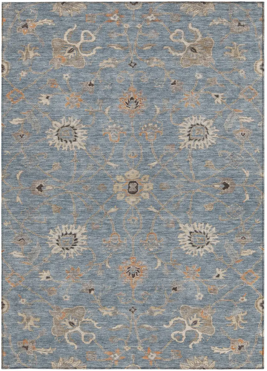 Denim Blue Ivory And Coral Floral Washable Indoor Outdoor Area Rug Photo 7