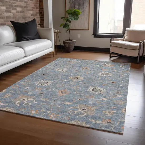 Denim Blue Ivory And Coral Floral Washable Indoor Outdoor Area Rug Photo 9