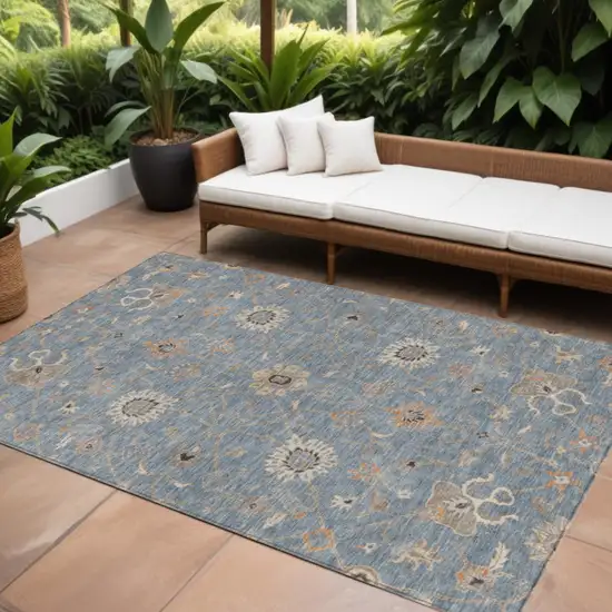 Denim Blue Ivory And Coral Floral Washable Indoor Outdoor Area Rug Photo 1