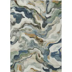 Photo of Denim Blue Ivory And Gold Abstract Washable Indoor Outdoor Area Rug