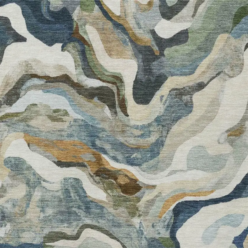 Denim Blue Ivory And Gold Abstract Washable Indoor Outdoor Area Rug Photo 5