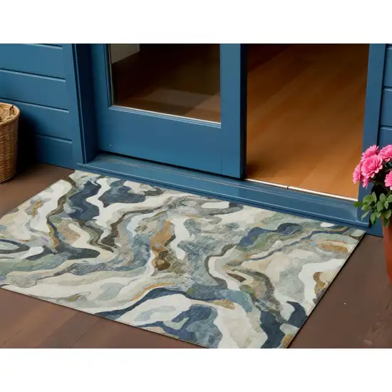 Denim Blue Ivory And Gold Abstract Washable Indoor Outdoor Area Rug Photo 2