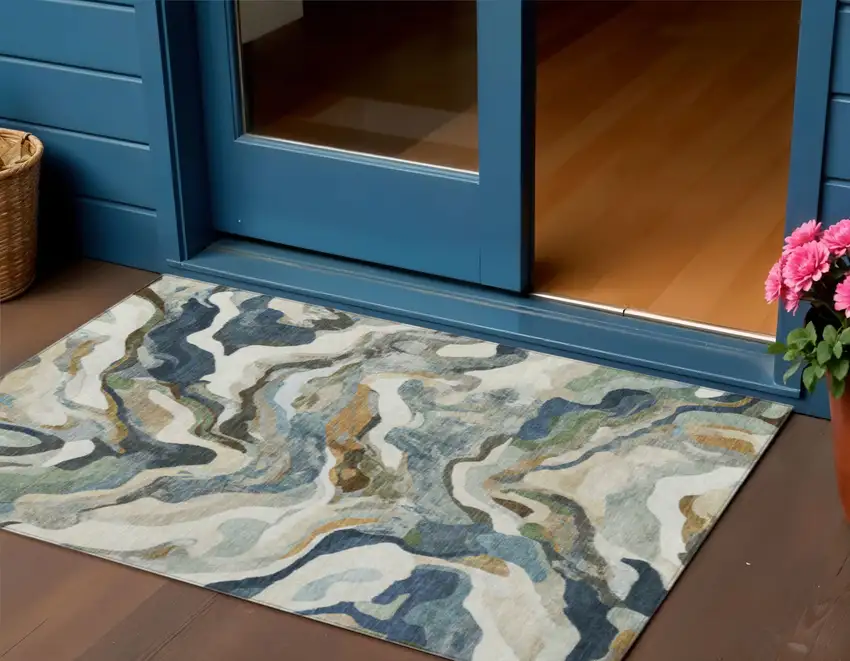 Denim Blue Ivory And Gold Abstract Washable Indoor Outdoor Area Rug Photo 2