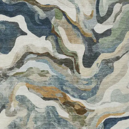 Denim Blue Ivory And Gold Abstract Washable Indoor Outdoor Area Rug Photo 6