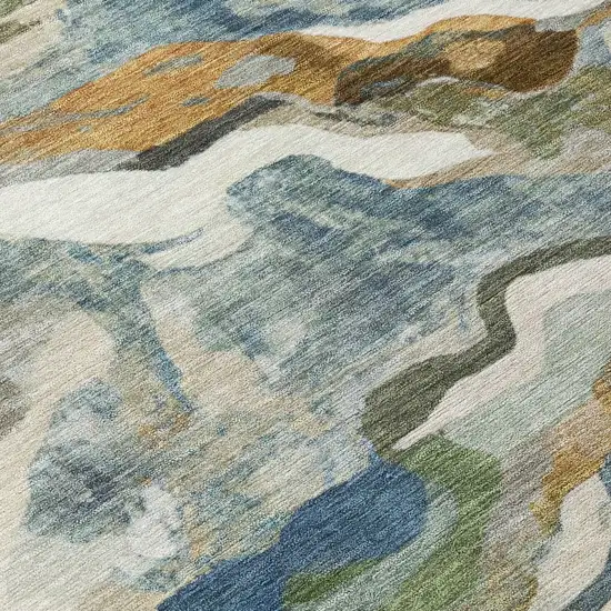 Denim Blue Ivory And Gold Abstract Washable Indoor Outdoor Area Rug Photo 4