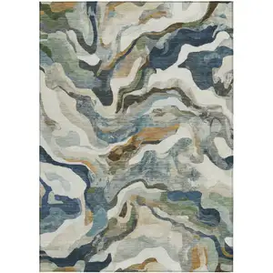 Photo of Denim Blue Ivory And Gold Abstract Washable Indoor Outdoor Area Rug