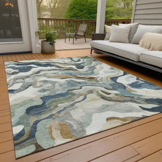Denim Blue Ivory And Gold Abstract Washable Indoor Outdoor Area Rug Photo 9