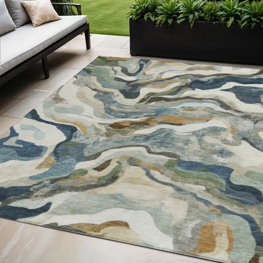 Denim Blue Ivory And Gold Abstract Washable Indoor Outdoor Area Rug Photo 2
