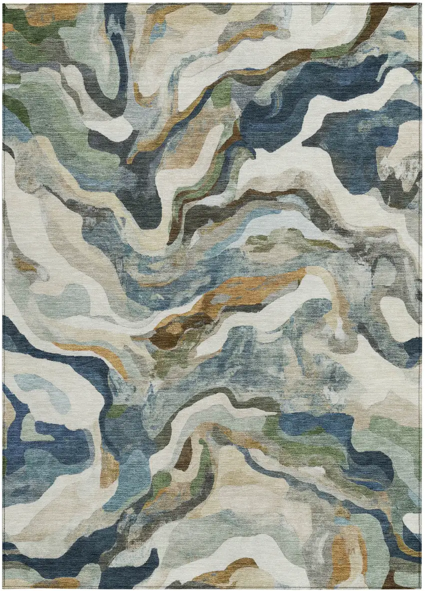 Denim Blue Ivory And Gold Abstract Washable Indoor Outdoor Area Rug Photo 3