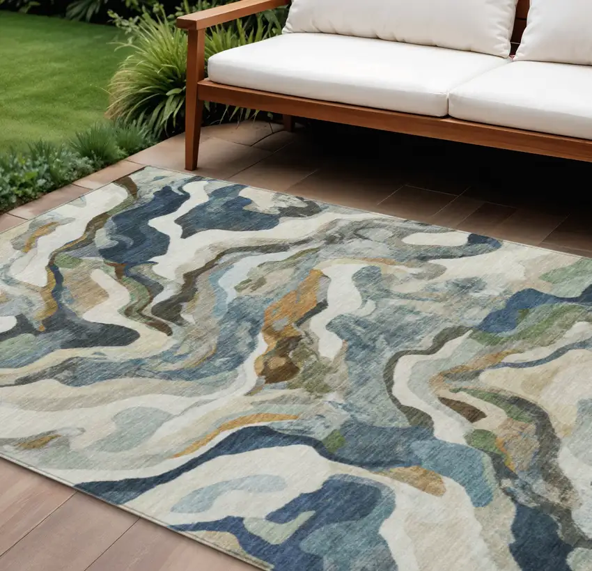 Denim Blue Ivory And Gold Abstract Washable Indoor Outdoor Area Rug Photo 2