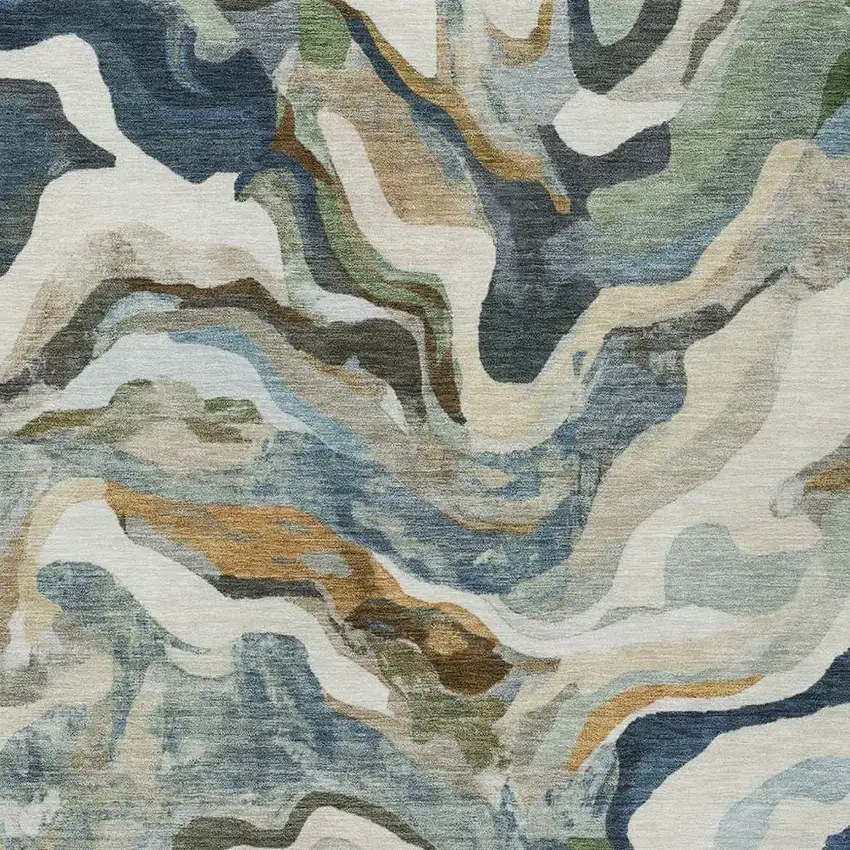 Denim Blue Ivory And Gold Abstract Washable Indoor Outdoor Area Rug Photo 6