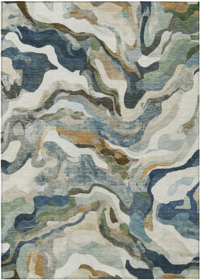 Denim Blue Ivory And Gold Abstract Washable Indoor Outdoor Area Rug Photo 1