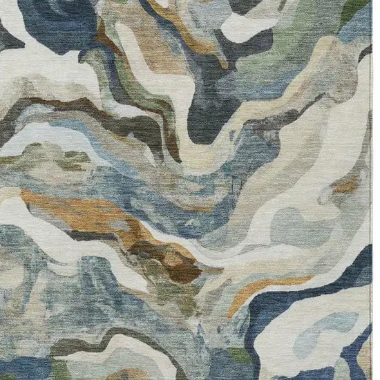 Denim Blue Ivory And Gold Abstract Washable Indoor Outdoor Area Rug Photo 7