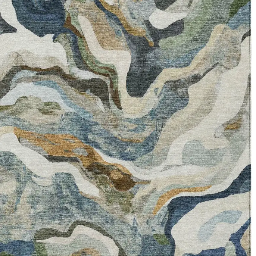 Denim Blue Ivory And Gold Abstract Washable Indoor Outdoor Area Rug Photo 7