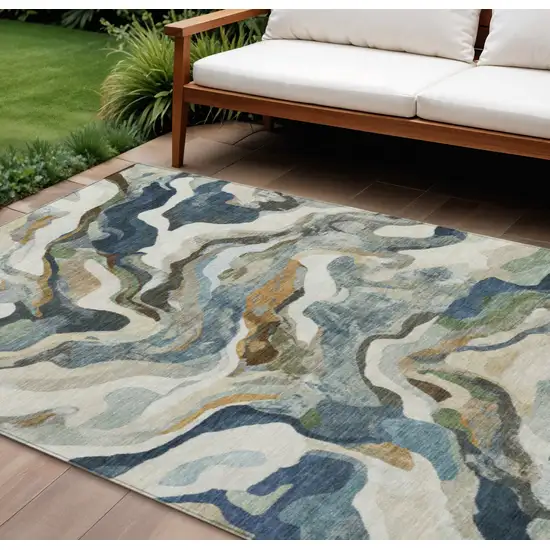 Denim Blue Ivory And Gold Abstract Washable Indoor Outdoor Area Rug Photo 2