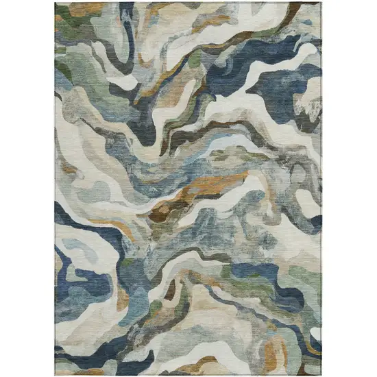 Denim Blue Ivory And Gold Abstract Washable Indoor Outdoor Area Rug Photo 4