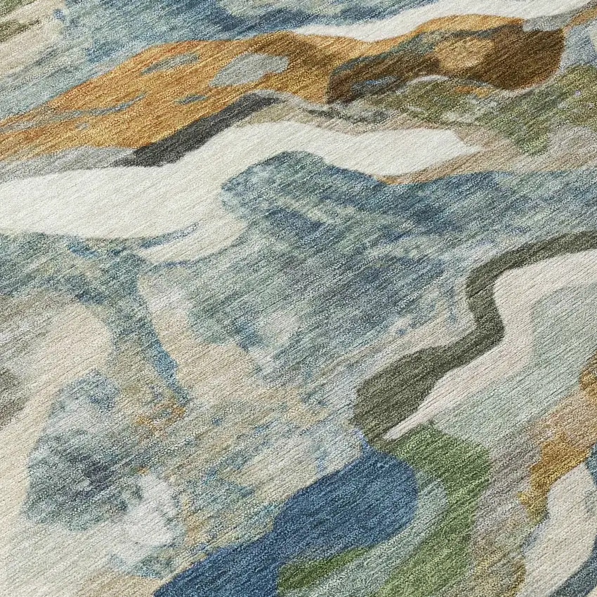 Denim Blue Ivory And Gold Abstract Washable Indoor Outdoor Area Rug Photo 6