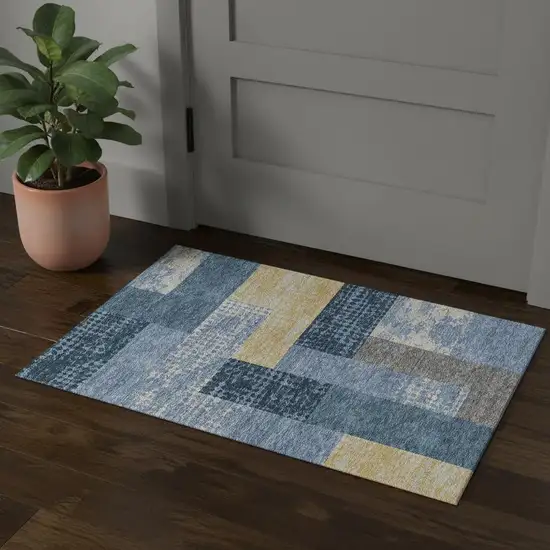 Denim Blue Ivory And Gold Geometric Washable Area Rug With UV Protection Photo 2