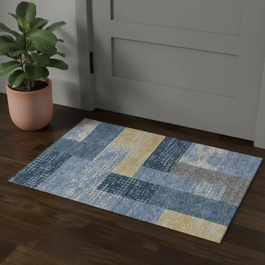 Denim Blue Ivory And Gold Geometric Washable Area Rug With UV Protection Photo 2