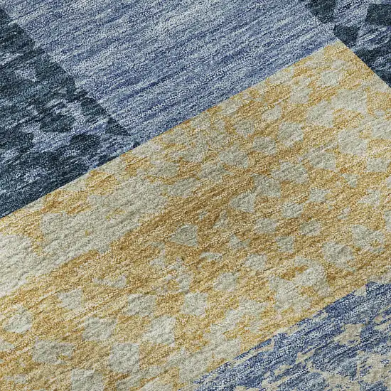 Denim Blue Ivory And Gold Geometric Washable Area Rug With UV Protection Photo 9