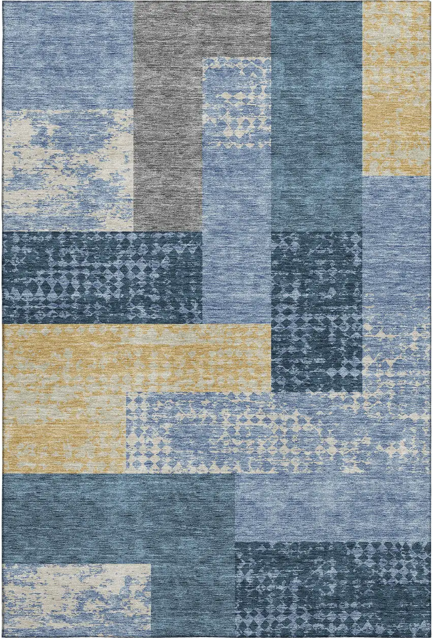 Denim Blue Ivory And Gold Geometric Washable Area Rug With UV Protection Photo 1