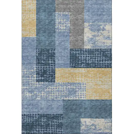 Denim Blue Ivory And Gold Geometric Washable Area Rug With UV Protection Photo 3