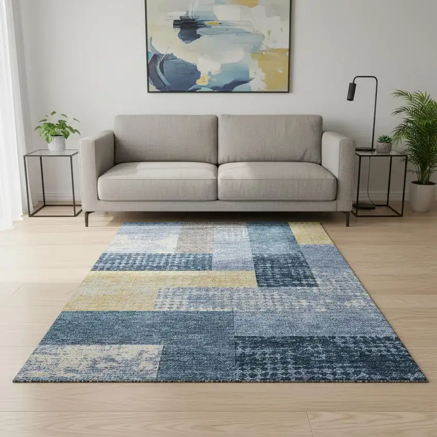 Denim Blue Ivory And Gold Geometric Washable Area Rug With UV Protection Photo 2